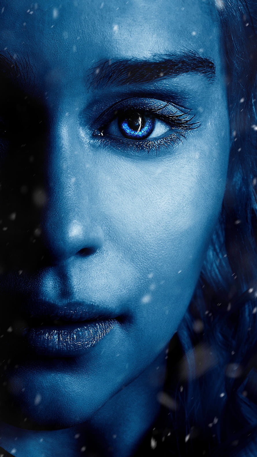 Emilia Clarke Close-Up Portrait with Blue Eyes and Snowfall HD phone wallpaper
