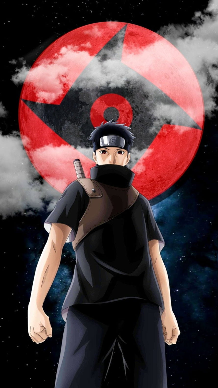 Uchiha Shisui Anime Character Standing Before a Red Sharingan Moon in a Starry Night Sky HD phone wallpaper
