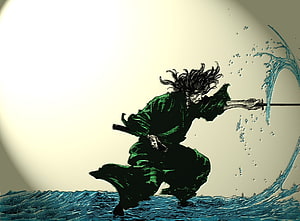 Miyamoto Musashi in Green Robe Battling Ocean Waves with Sword HD wallpaper