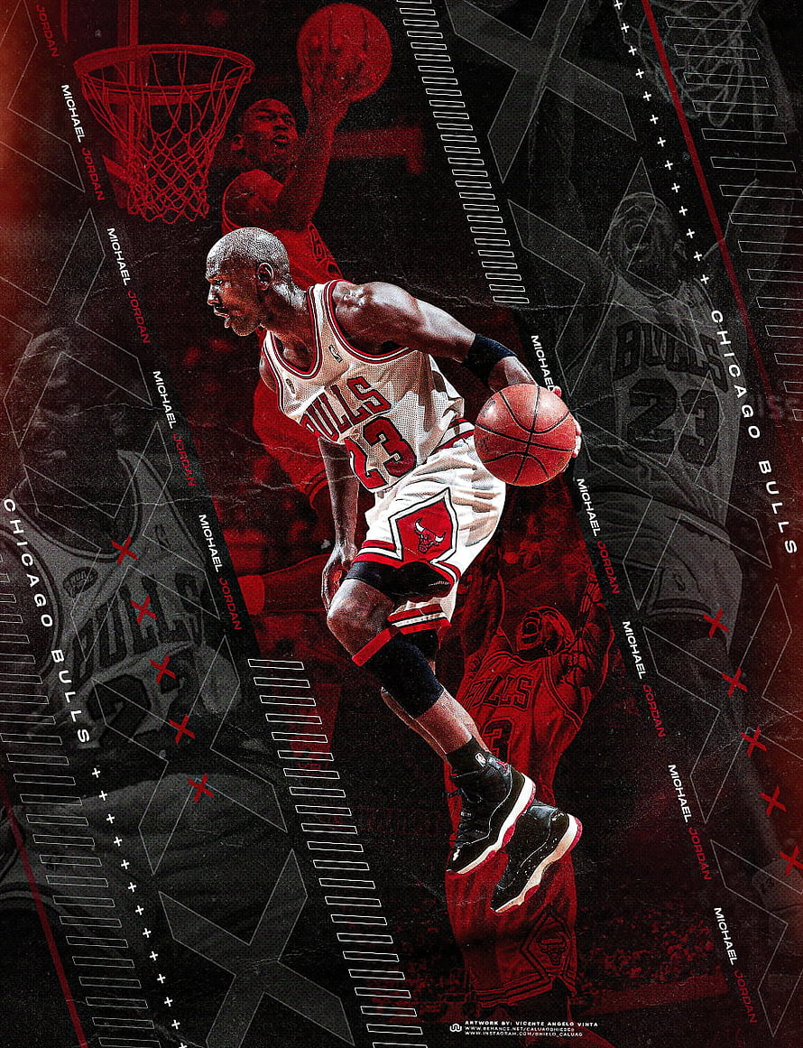 Michael Jordan Chicago Bulls Dribble Artwork with Red and Black Geometric Design HD phone wallpaper