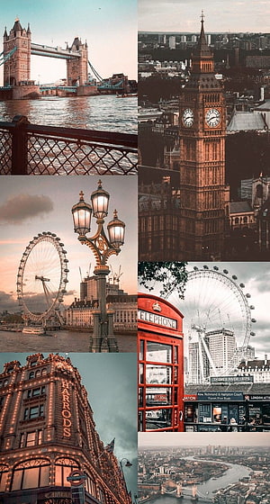 London Landmarks Collage Featuring Tower Bridge, Big Ben, London Eye, and Harrods HD phone wallpaper