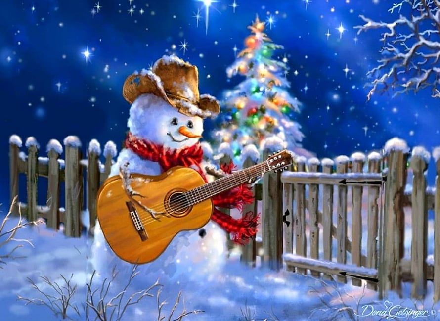 Snowman Playing Acoustic Guitar in Snowy Night Scene with Christmas Tree HD wallpaper