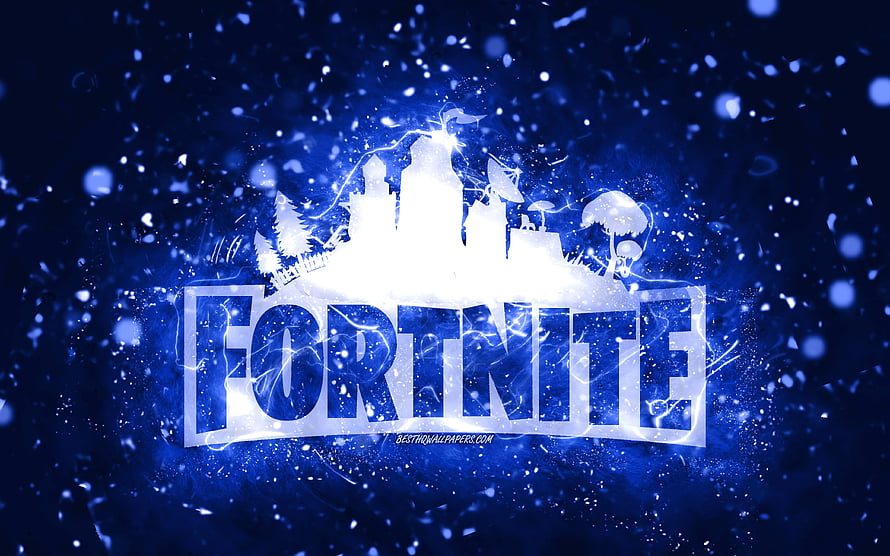 Fortnite Logo with Glowing Blue Neon Lights and Snowy Particle Effects HD wallpaper