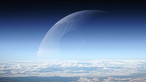 Death Star looming over a cloud-covered planet in the Star Wars universe HD wallpaper