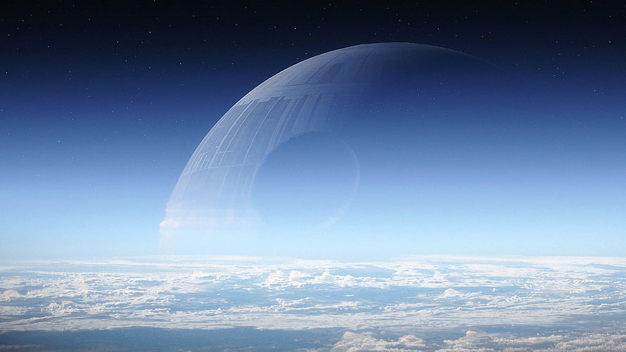 Death Star looming over a cloud-covered planet in the Star Wars universe HD wallpaper