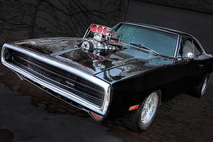 Black Dodge Charger R/T with Supercharger and Chrome Grille HD wallpaper