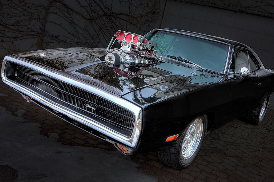 Black Dodge Charger R/T with Supercharger and Chrome Grille HD wallpaper