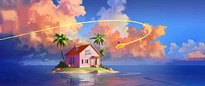 Cozy Pink Island House with Palm Trees and a Meteor Streaking Across a Vibrant Sunset Sky HD wallpaper