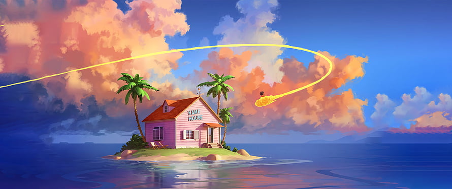Cozy Pink Island House with Palm Trees and a Meteor Streaking Across a Vibrant Sunset Sky HD wallpaper