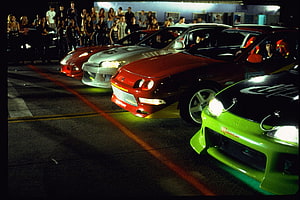The Fast and the Furious Night Street Racing Scene with Modified Cars and Crowd HD wallpaper
