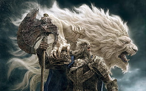 Elden Ring warrior with ornate axe and roaring white lion in dark fantasy setting HD wallpaper