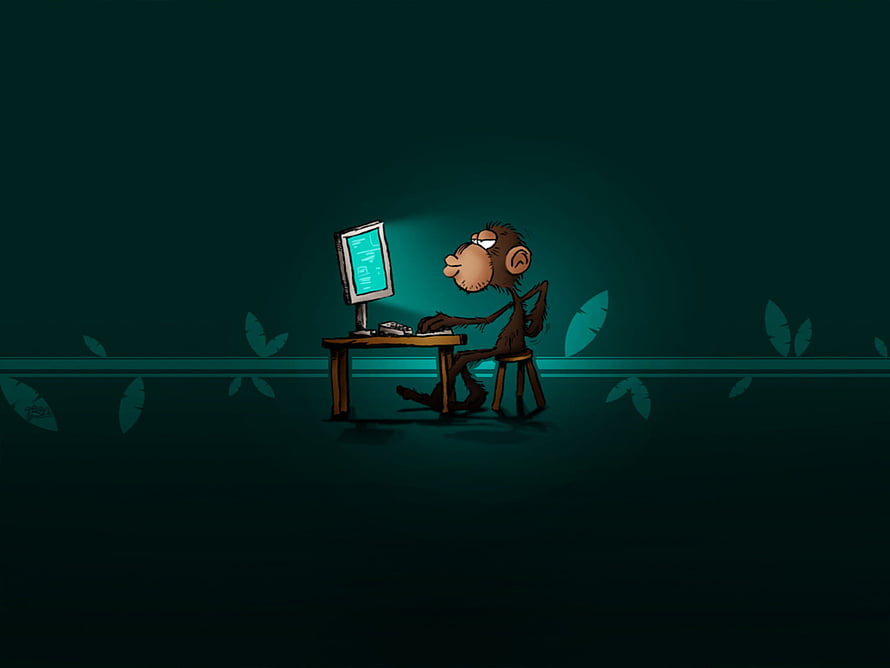 Cartoon Monkey Programmer at Computer Desk with Dark Teal Background HD wallpaper