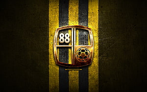 Barito Putera FC metallic crest on distressed yellow and black striped background HD wallpaper