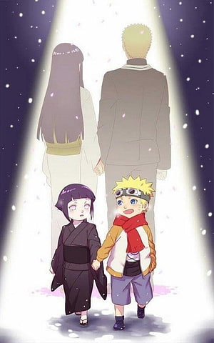 Naruto and Hinata as Children Walking Toward Their Parents in a Starlit Scene HD phone wallpaper