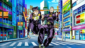 JoJo's Bizarre Adventure Diamond Is Unbreakable Characters Running Through Vibrant City Street HD wallpaper