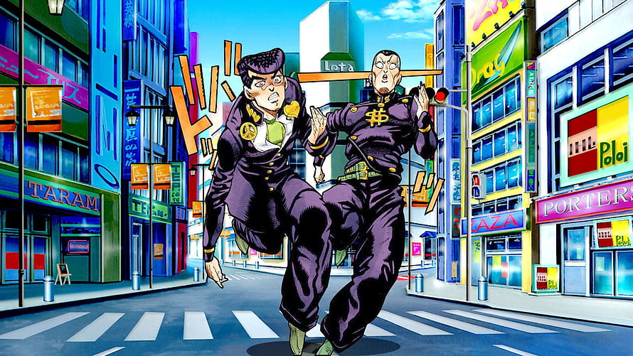 JoJo's Bizarre Adventure Diamond Is Unbreakable Characters Running Through Vibrant City Street HD wallpaper