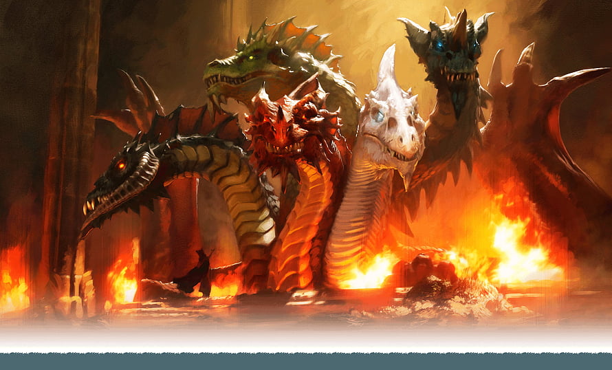 Tiamat the Five-Headed Dragon from Dungeons and Dragons in a Fiery Inferno HD wallpaper