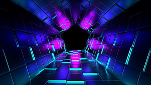 Neon Purple and Cyan 3D Tunnel with Glowing Geometric Panels and Futuristic Perspective HD wallpaper