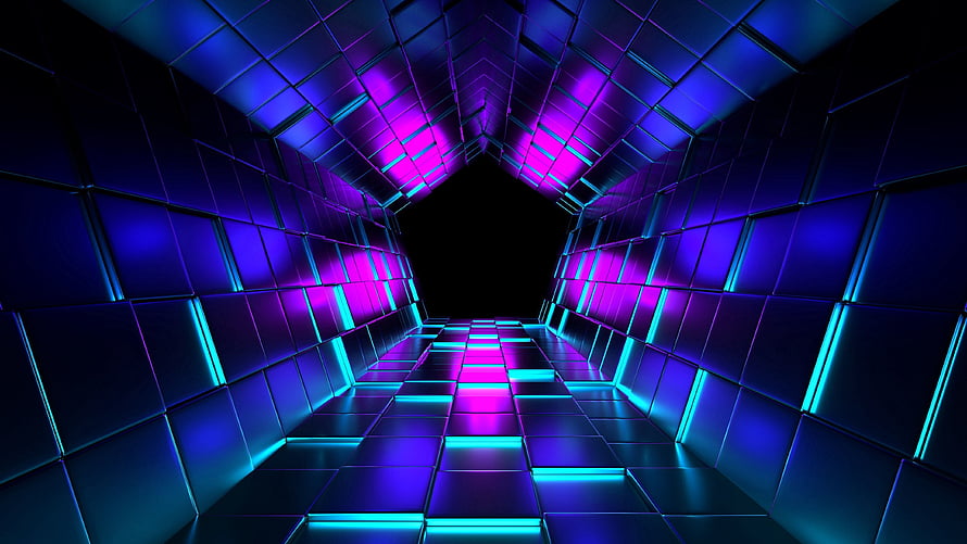 Neon Purple and Cyan 3D Tunnel with Glowing Geometric Panels and Futuristic Perspective HD wallpaper