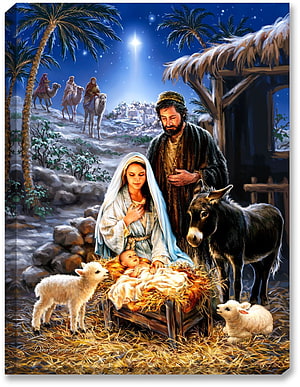 Nativity Scene with Mary, Joseph, and the Christ Child in a Manger Under the Star of Bethlehem HD phone wallpaper