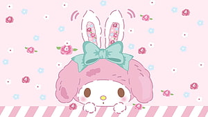 My Melody Peeking Over Striped Border With Floral Pattern and Mint Bow HD wallpaper