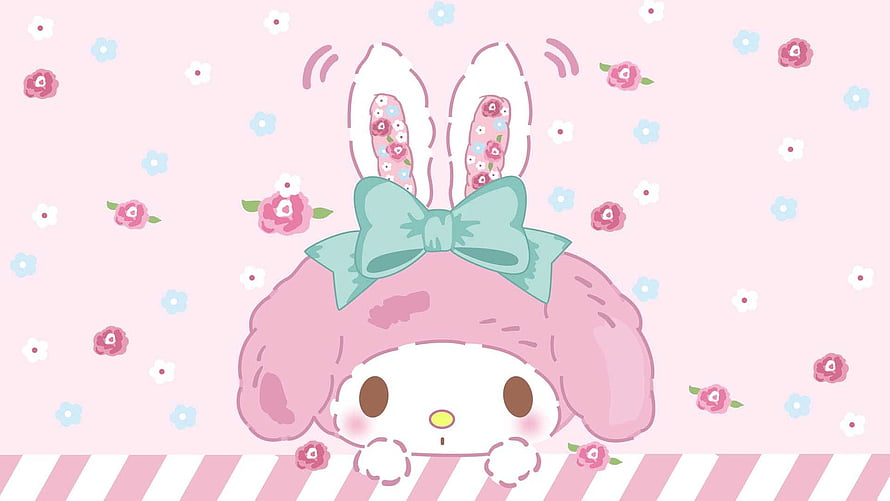 My Melody Peeking Over Striped Border With Floral Pattern and Mint Bow HD wallpaper