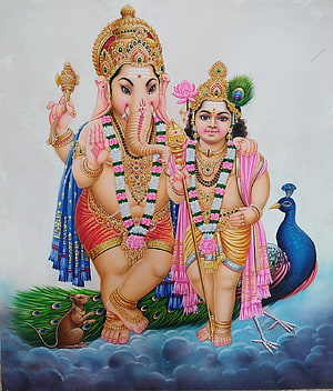 Ganesha and Murugan Divine Deity Painting with Peacock and Mouse Vahanas HD phone wallpaper