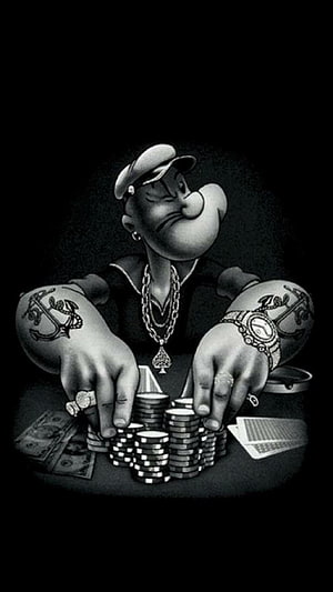 Popeye the Sailor Man Gambling with Poker Chips and Cash in a Dark Monochrome Illustration HD phone wallpaper