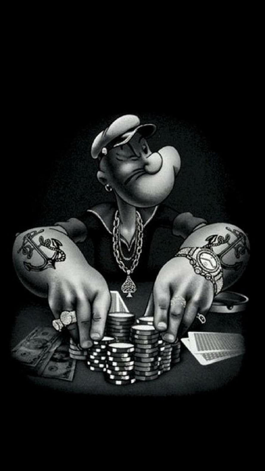 Popeye the Sailor Man Gambling with Poker Chips and Cash in a Dark Monochrome Illustration HD phone wallpaper