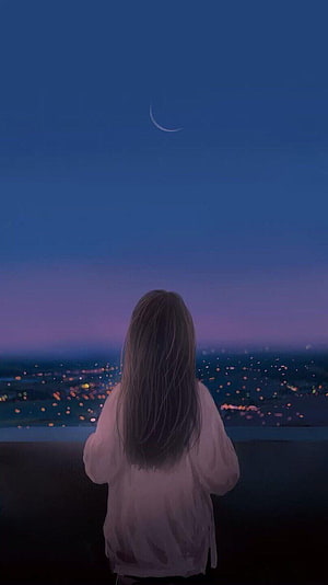 Lonely Girl Gazing at Crescent Moon Over City Lights at Dusk HD phone wallpaper