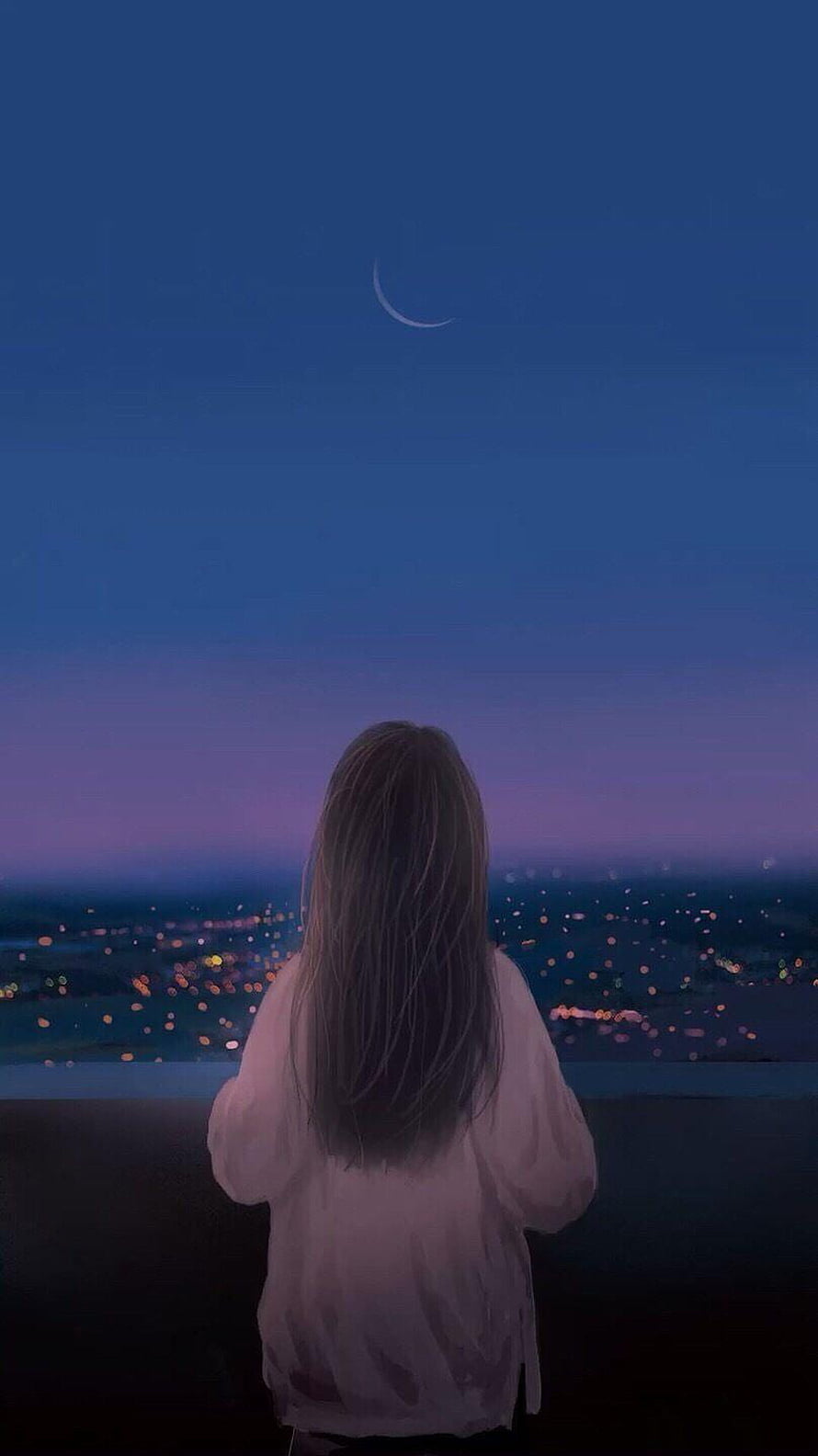 Lonely Girl Gazing at Crescent Moon Over City Lights at Dusk HD phone wallpaper