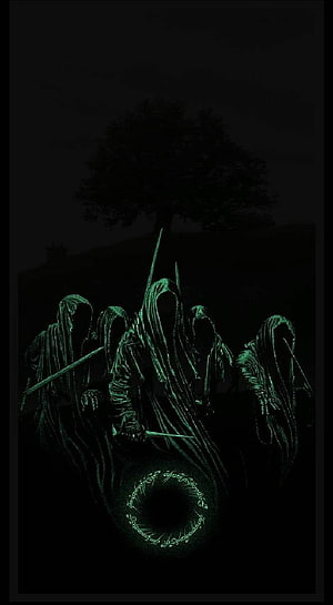 Nazgul Ringwraiths with Glowing Green Runes and Dark Tree Silhouette HD phone wallpaper