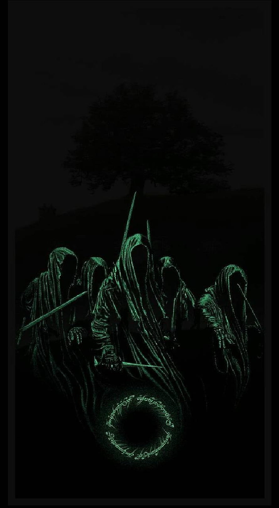 Nazgul Ringwraiths with Glowing Green Runes and Dark Tree Silhouette HD phone wallpaper