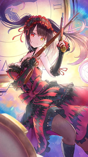 Kurumi Tokisaki from Date A Live in a gothic dress holding a rifle with a clockwork background HD phone wallpaper