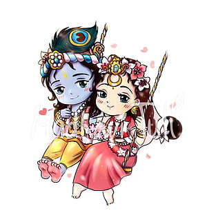 Cute Chibi Radha Krishna Kawaii Illustration with Peacock Feather and Floral Garland HD phone wallpaper