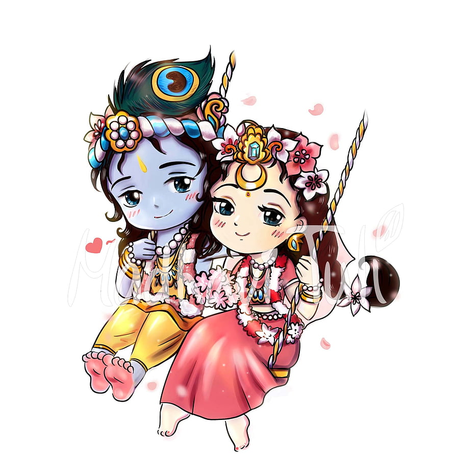 Cute Chibi Radha Krishna Kawaii Illustration with Peacock Feather and Floral Garland HD phone wallpaper