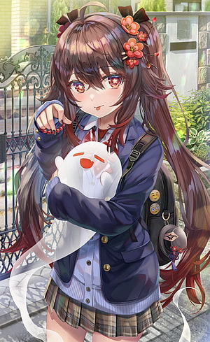 Hu Tao in School Uniform Holding Paimon Plushie from Genshin Impact HD phone wallpaper