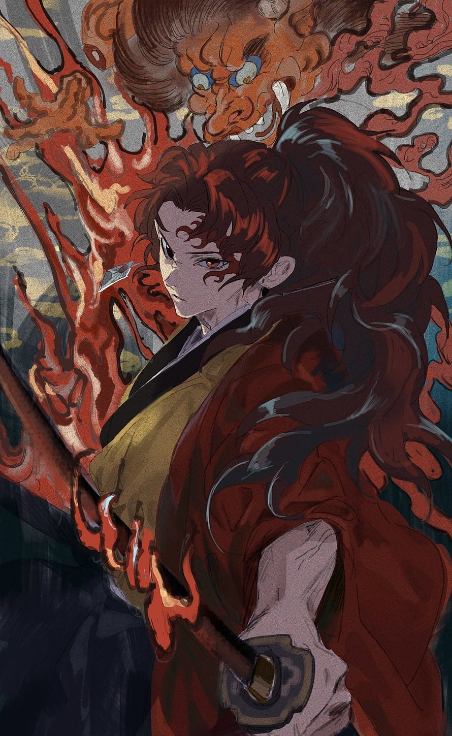 Yoriichi Tsugikuni Demon Slayer Anime Character with Flame Demon Aura HD phone wallpaper