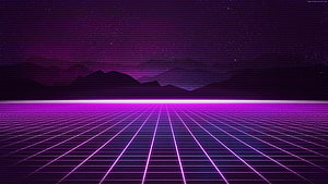 Purple Synthwave Grid Landscape with Mountain Silhouettes and Starry Night Sky HD wallpaper