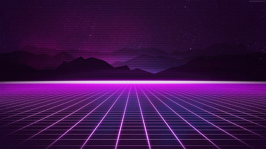 Purple Synthwave Grid Landscape with Mountain Silhouettes and Starry Night Sky HD wallpaper