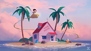 Dragon Ball Kame House on a Tropical Island with Flying Nimbus and Krillin HD wallpaper