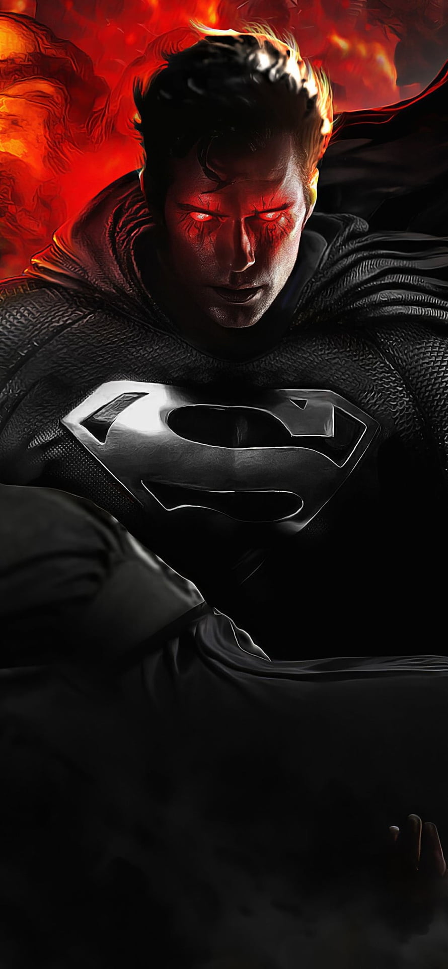 Dark Superman Concept Art with Glowing Red Eyes and Black Suit HD phone wallpaper