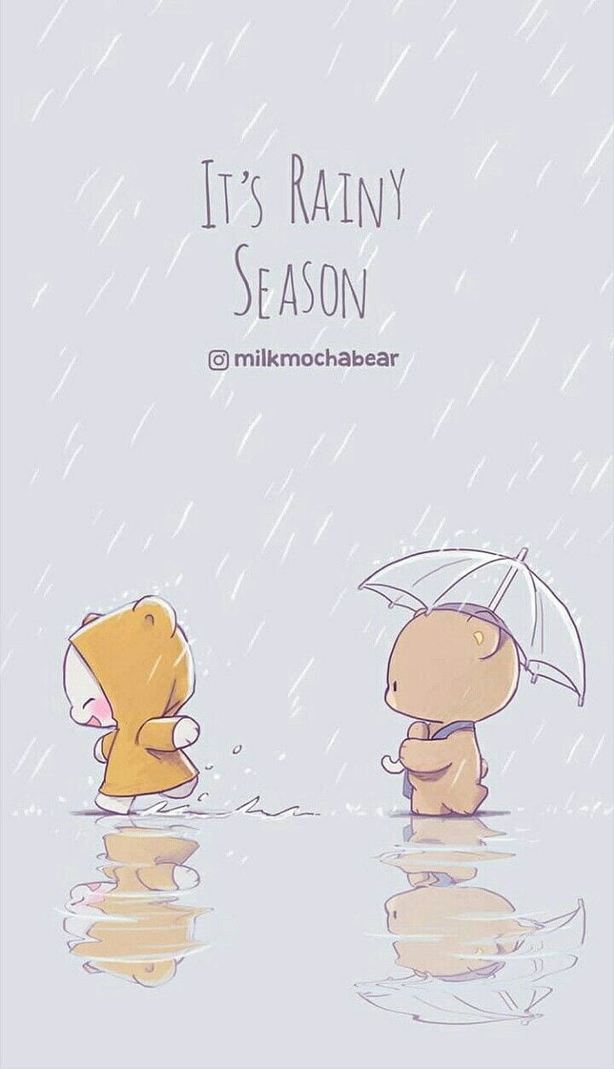 Milk and Mocha Bears Cute Rainy Day Illustration with Umbrella and Reflections HD phone wallpaper