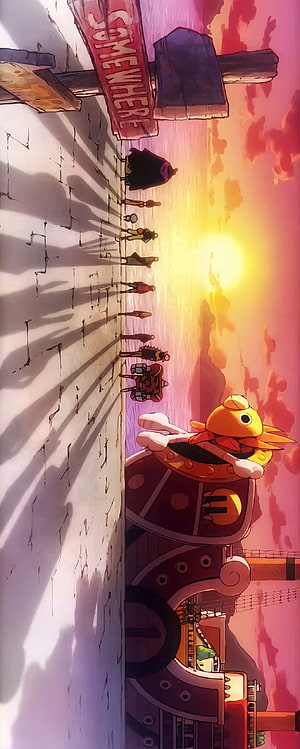 One Piece Straw Hats Walking on Pier at Sunset with Thousand Sunny Ship HD phone wallpaper