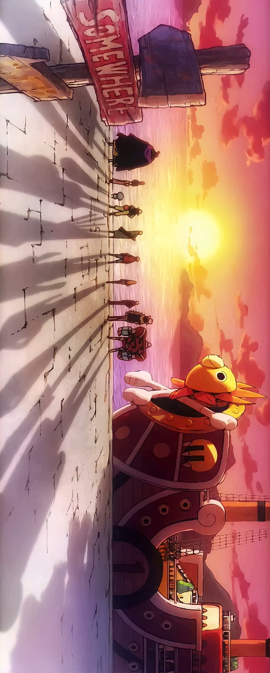 One Piece Straw Hats Walking on Pier at Sunset with Thousand Sunny Ship HD phone wallpaper
