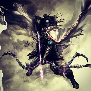 Lord Rama in Fierce Battle Stance with Glowing Sword and Dark Armor HD wallpaper