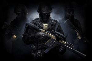 Tom Clancy's Rainbow Six Siege Elite Operator with Gold-Trimmed Tactical Rifle in Dark Smoke HD wallpaper