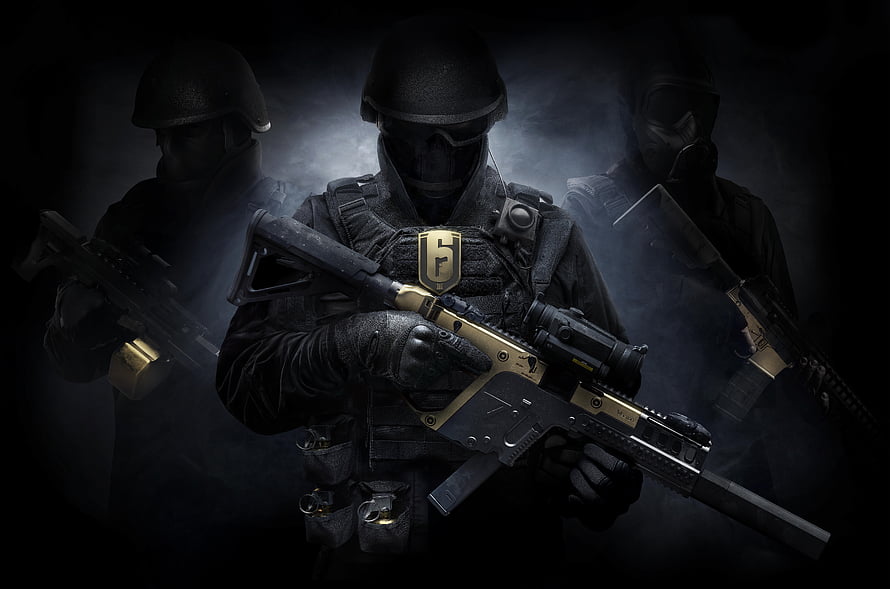 Tom Clancy's Rainbow Six Siege Elite Operator with Gold-Trimmed Tactical Rifle in Dark Smoke HD wallpaper