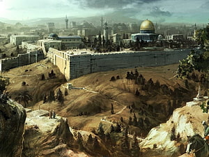 Historical Painting of the Old City of Jerusalem Featuring the Dome of the Rock and Ancient City Walls HD wallpaper
