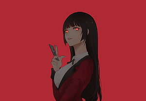 Yumeko Jabami from Kakegurui Holding a Card Against a Red Background HD wallpaper